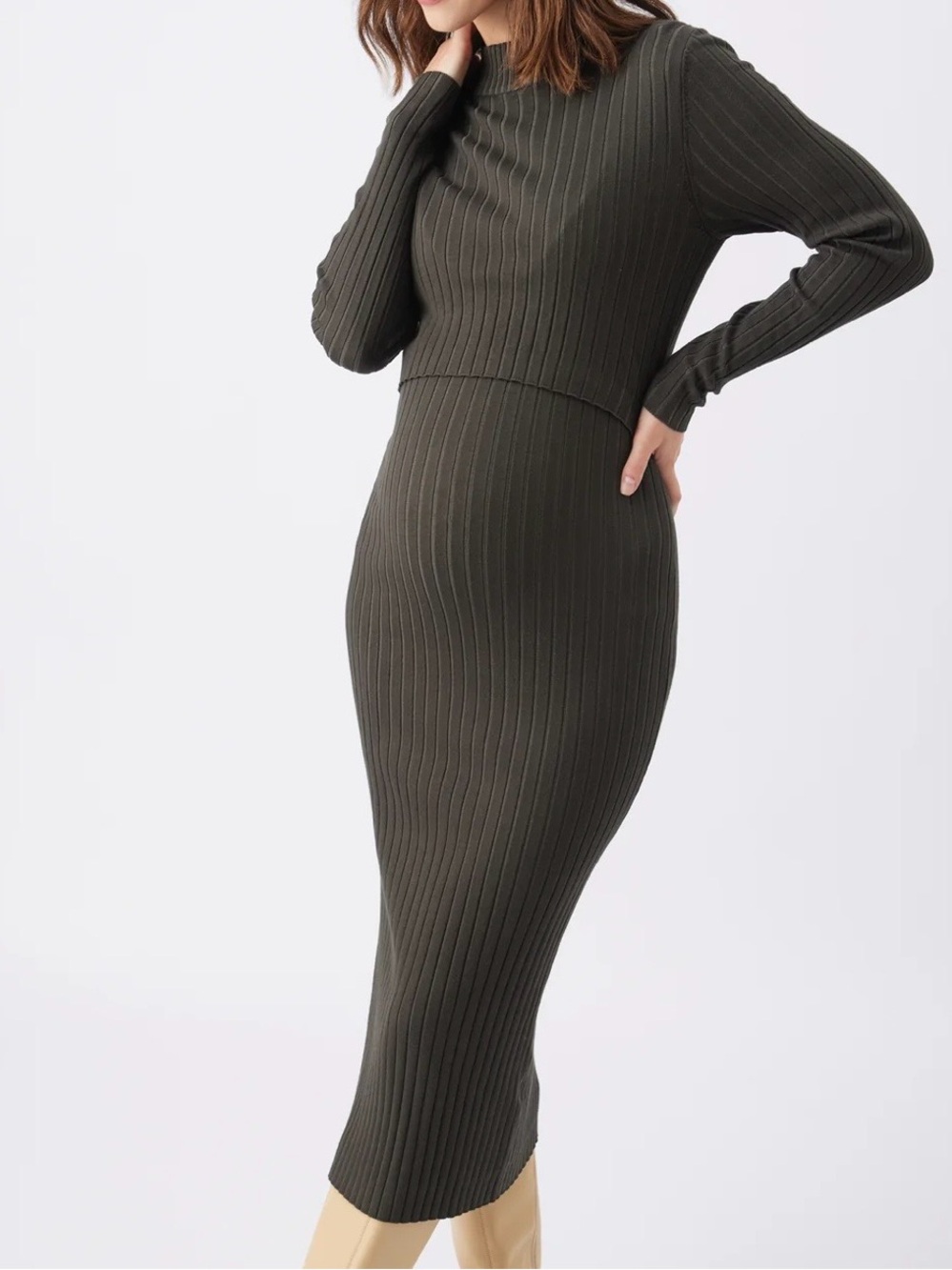 Ripe Maternity Nella Rib Nursing Knit Midi Dress - Ivy Green - Size L NWT